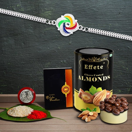 Rakshbandhan Special Silver Color Rakhi With Chocolate Roli Chawal Pooja Coin And Greeting Card Combo