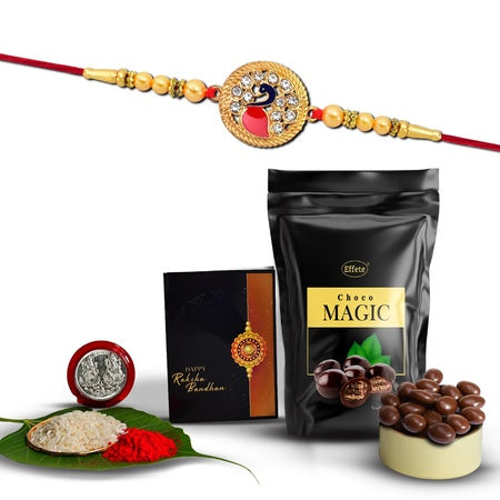 (K1_431_sm) Rakhi Combo With Choco Magic (Pouch) Pooja Coin  Greeting Card Rakhi Gift Hamper Rakhi  Chocolate For Brother Fancy Rakhis For Men Stylish Rakhi With Gift Rakhi Combo Rakhi Set Of 1  Rakhi Chocolate Gift Combo