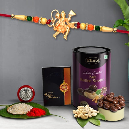 (K1_261_bs) Multicolor Hanuman Rakhi Combo With Chocolate Butter Scotch 96gm Silver Color Pooja Coin Roli Chawal  Greeting Card Occasion Rakhi  Chocolate For Brother Rakhi With Chocolate Rakhi With Gift Rakhi Combo Set Of 1 Rakhi