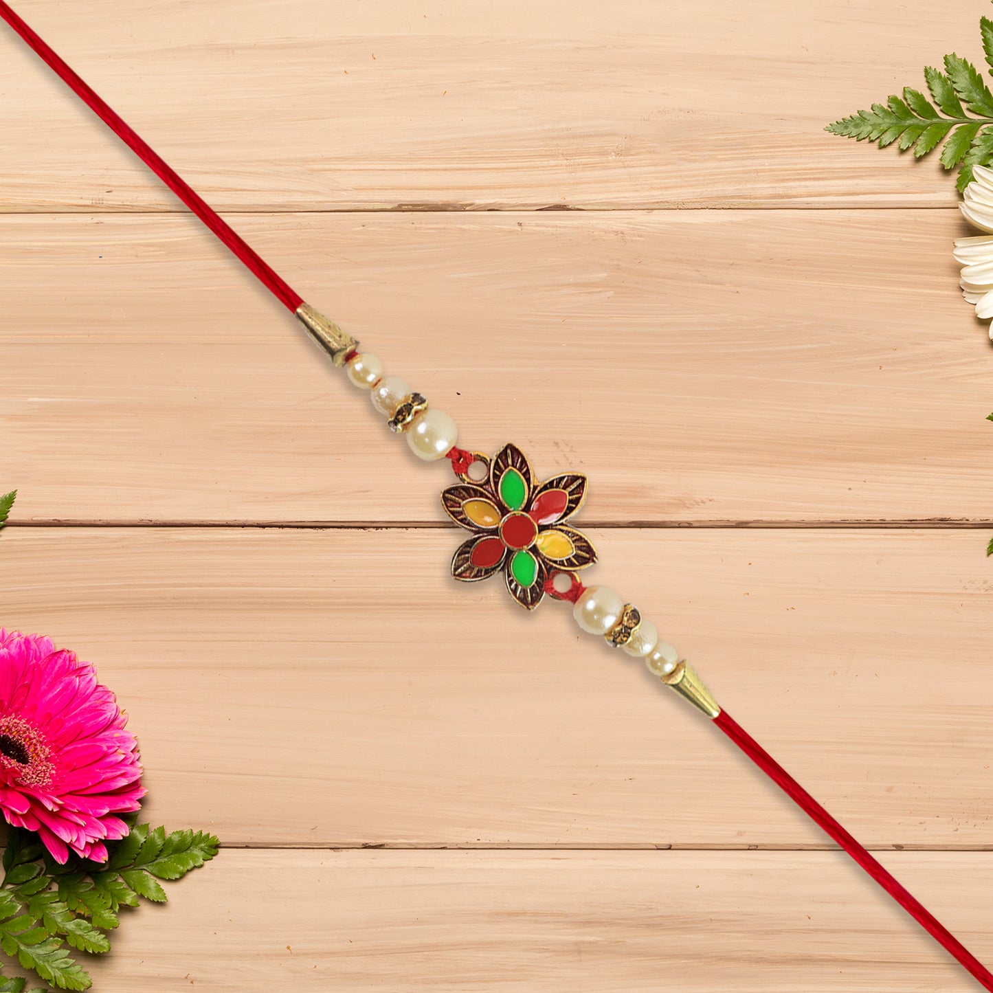 Multicolor Floral Rakhi With Pearl Beads And Red Thread  Festive Designer Bracelet For Raksha Bandhan
