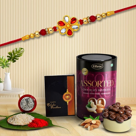 (K1_323_as) Rakhi Combo With Assorted Chocolate Dryfruits 96gm Rakhi For Brother With Gift Chocolate Gift Pack Rakhi With Chocolate Gift Hemper Fancy Rakhis For Men Set Of 1 Rakhi
