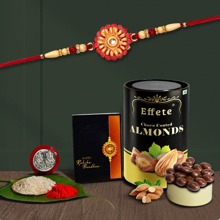 Multicolor Blue Peacock Rakhi  Bracelet (K1_503_ca)  Chocolate Almonds 96gm With Silver Color Pooja Coin Roli Chawal  Greeting Card  Occasion  Rakhi For Brother With Gift  Rakhi With Chocolate Rakhi Combo For Brother  Set Of 1 Rakhi