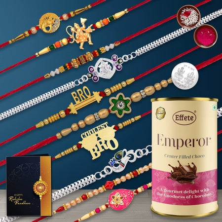 Multicolor Bro Coolest Bro Hanumanji Flower Diamonds Beads Gold  Paacock  Ganpati Silver Color Rakhis  Bracelet  Chocolate Emperor (Crm) With Silver Color Pooja Coin Roli Chawal  Greeting Card Occasion Rakhi  Chocolate For Broth