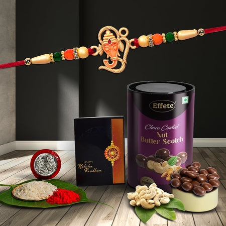 Multicolor Ganesh Rakhi  Bracelet (K1_257_bs)  Chocolate Butter Scotch 96gm With Silver Color Pooja Coin Roli Chawal  Greeting Card  Occasion  Rakhi For Brother With Gift  Bracelets For Men Stylish Rakhi Combo For Brother  Set Of 1