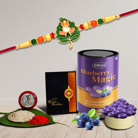 (K1_307_cd) Multicolor Leaf Shped Rakhi  Bracelet With Chocolate Delight 96gm Silver Color Pooja Coin Roli Chawal  Greeting Card Rakhi For Brother With Gift  Handmade Rakhi Rakhi Combo For Brother  Stylish Rakhi For Brother  Set Of