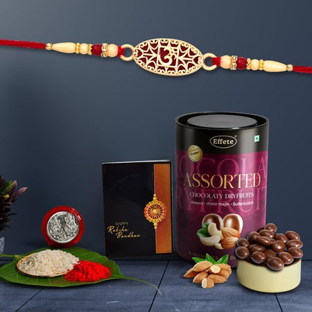 Om Rakhi For Brother  God Rakhi  Chocolate With Rakhi  Rakshabandhan Rakhi Hamper  Rakhi Combo  Assorted Chocolate Dry Fruits 96gm (K1_510_as)