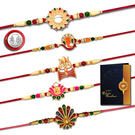 Special Rakhis For Brothers With Religious Symbols Pack Of 5 Designer Rakhis For Brothers Best Rakhi Combo For Brothers Attractive Rakhi Set Of 5 - Perfect For Siblings