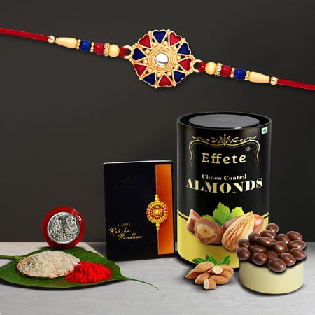 (K1_536_ca) Multicolor Hearts Diamond Colorful Beads Rakhi Combo With Chocolate Almonds 96gm Silver Color Pooja Coin Roli Chawal  Greeting Card Stylish Rakhi For Brother  Rakhi  Chocolate For Brother  Rakhi Brother  Rakhi With Gift