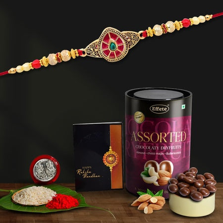 Rakhi For Brother Set Of 1 With Assorted Chocolate Dryfruits 96gm Rakhi For Brother And Bhabhi Rakhi With Chocolate Rakhi With Gift For Brother Rakhi For Kids Rakhi Set Rakhi Combo Rakhi With Sweets (K1_419_as)