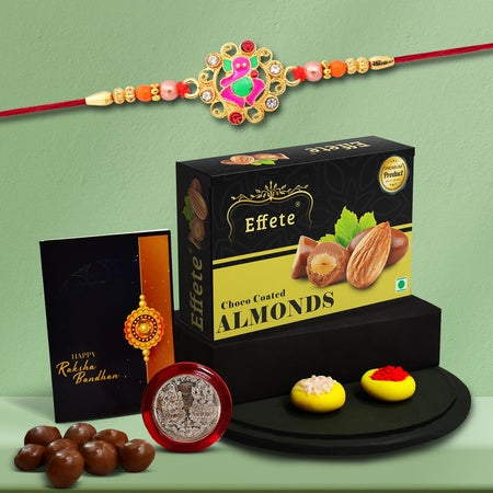 Rakhi For Brother Set Of 1 With Chocolate Almonds 32gm Pooja Coin Greeting Card Rakhi For Brother And Bhabhi Rakhi With Chocolate Rakhi With Gift For Brother Rakhi For Kids Rakhi Set Rakhi Combo Rakhi With Sweets (K1_405_ca32)