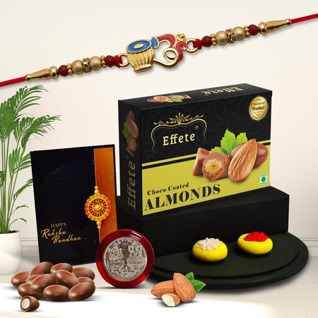 Rakhi Combo (K1_504_ca32)  Chocolate Almonds 32gm With Pooja Coin  Greeting Card  Rakhi Gift Hamper  Rakhi For Brother With Gift  Fancy Rakhis For Men Stylish Rakhi Combo For Brother  Rakhi Set Of 1  Rakhi Chocolate Gift Combo