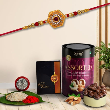Silver Plated Unique Round Design Rakhi With Chocolate Combo-thali Roli Chawal Greeting Cards