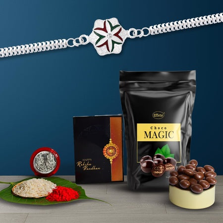 (K1_a9_cd) Multicolor Rakhi Combo With Chocolate Delight  Silver Color Pooja Coin Roli Chawal  Greeting Card Occasion Rakhi  Chocolate For Brother Rakhi With Chocolate Rakhi With Gift Rakhi Combo Set Of 1 Rakhi Rakhi Chocolate Gif