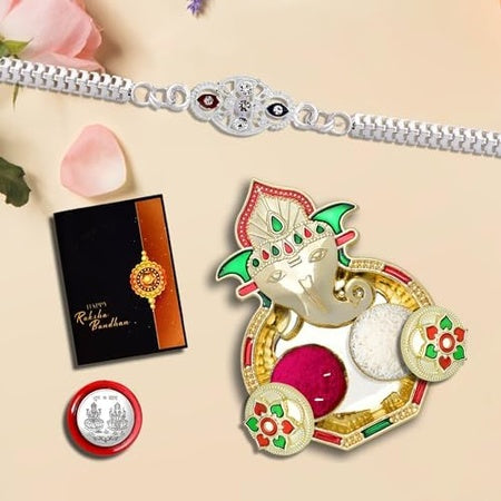 Rakhi For Brother Set Of 1 With Dish Silver Coin  Greeting Card Rakhi For Brother And Bhabhi Rakhi With Gift For Brother Rakhi For Kids Rakhi Set Rakhi Combo (K1_d1_aa3)