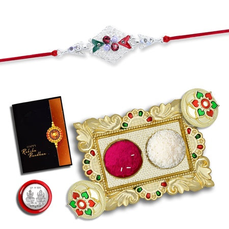 (K1_a42_aa1) Rakhi Combo With Pooja Coin Gold Color Pooja Thali  Tilak Set  Greeting Card Rakhi Thali Set  Rakhi With Plate  Rakhi Hamper  Handmade Rakhi  Rakhi For Brother Kids  Rakhi For Brother And Bhabhi  Men Fancy Rakhi  Rakhi Set O