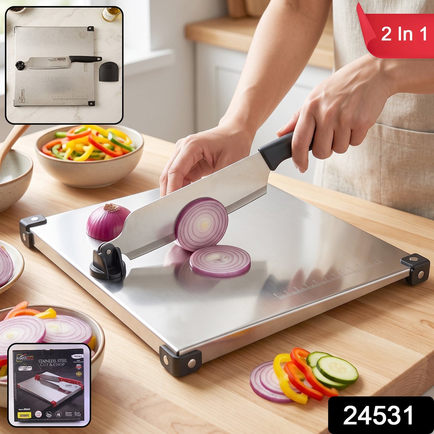 Stainless Steel 2 In 1 Cut And Chop Board With Knife And Sharpener (1 Set)