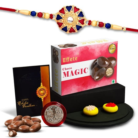 (K1_536_cm32) Multicolor Hearts Diamond Colorful Beads Rakhi Combo With Chocolate Magic 32gm Silver Color Pooja Coin Roli Chawal  Greeting Card Occasion Rakhi  Chocolate For Brother Rakhi With Chocolate Rakhi With Gift Rakhi Combo