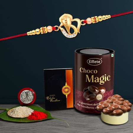 Golden Plated Ganesh Rakhi For Brother Set Of 1 With Chocolate Magic 96gm (K1_413_em)