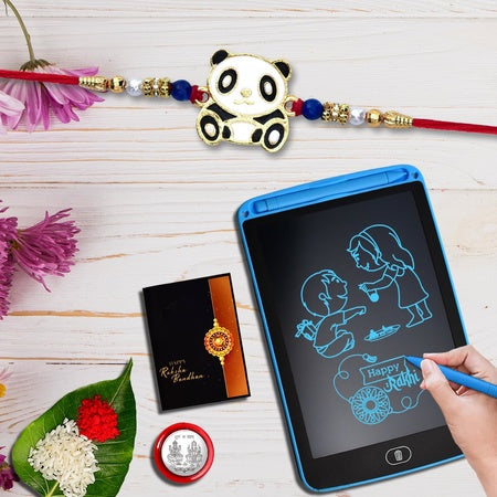 (K1_260_1360) Multicolor Panda Rakhi Combo With Lcd Writing Padtablet For Kids Silver Color Pooja Coin  Greeting Card  Occasion  Rakhi For Brother With Gift New Rakhi Collection  Rakhi Combo For Brother  Fancy Rakhi For Brother  Set Of 1 R