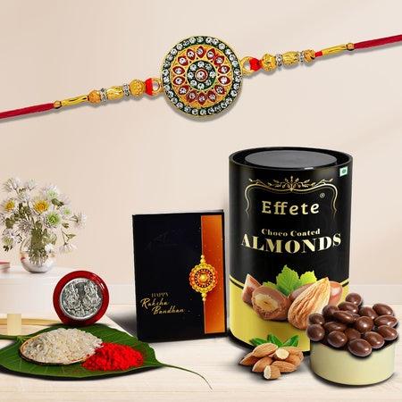 Rakhi For Brother Set Of 1 With Silver Color Pooja Coin Rakhi With Greeting Card Rakhi For Kids Brother And Bhabhi Rakhi With Chocolate Sweets Rakhi With Gift Rakhi Combo (K1_703_ca)