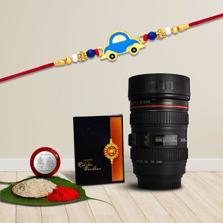 Multicolor Simley Faced Rakhi Combo With (K2_306_m720) Rakhi  Camera Lens Coffee Mug With Silver Color Pooja Coin  Greeting Card Fancy Rakhi For Brother With Gift New Rakhi Collection Rakhi Combo For Brother Rakhi Mug Brother Tea Mug Set Of