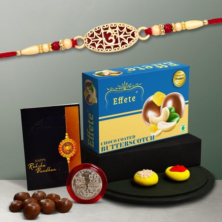 Multicolor Oval Flower Rakhi  Bracelet (K1_510_bs32)  Chocolate Butter Scotch 32gm With Silver Color Pooja Coin Roli Chawal  Greeting Card  Occasion  Rakhi For Brother With Gift  Rakhi With Chocolate Rakhi Combo For Brother  Set Of