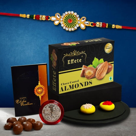 (K1_548_ca32) Rakhi Combo With Chocolate Almonds 32gm Rakhi For Brother With Gift  Fancy Rakhis For Men Stylish Rakhi Combo For Brother  Set Of 1 Rakhi  Chocolate
