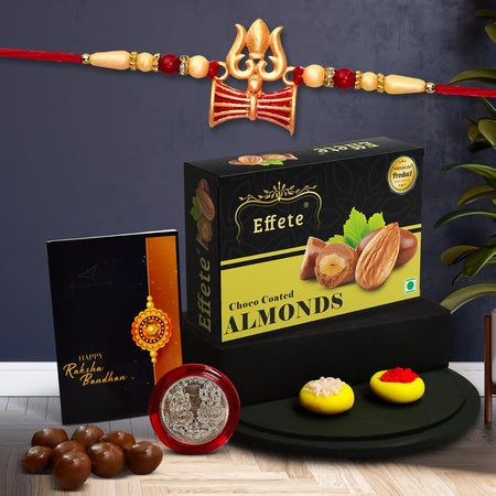 (K1_504_ca32) Multicolor Trishul Rakhi Combo With Chocolate Almonds 32gm Silver Color Pooja Coin Roli Chawal  Greeting Card Stylish Rakhi For Brother  Rakhi  Chocolate For Brother  Rakhi Brother  Rakhi With Gift  Handmade Rakhi  Se