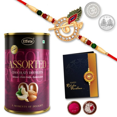 Multicolor Bal Krishna Morpich Flute Colorful Beads Rakhi  Bracelet (K1_703_as)  Assorted Chocolate Dry Fruits 96gm With Silver Color Pooja Coin Roli Chawal  Greeting Card  Occasion  Rakhi Combo With Card And Chocolate  Chocolates Gif