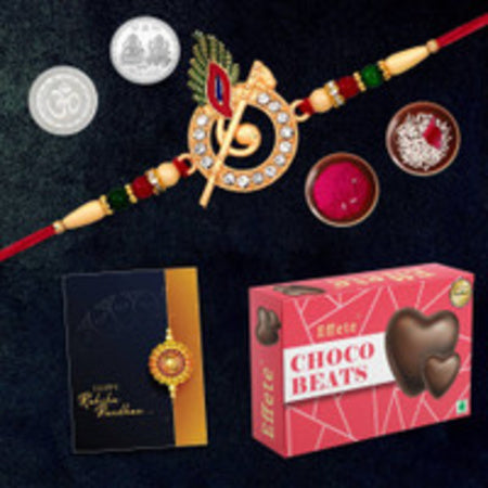 Designer Krishna Rakhi With Choco Beats Gift Pack  Festive Essentials Combo For Brother