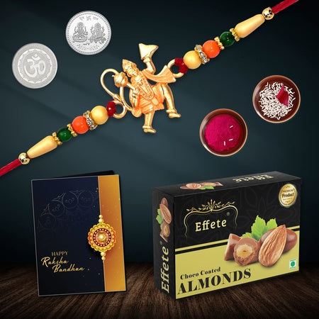Multicolor Hanuman Rakhi  Bracelet (K1_261_ca32)  Chocolate Almonds 32gm With Silver Color Pooja Coin Roli Chawal  Greeting Card  Occasion  Rakhi Combo With Card And Chocolate  Chocolates Gift  Rakhi  Chocolate For Brother  Rakhi W
