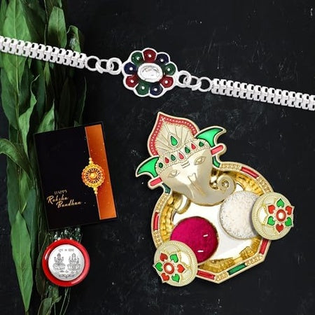 Rakhi For Brother Set Of 1 With Dish Silver Coin  Greeting Card Rakhi For Brother And Bhabhi Rakhi With Gift For Brother Rakhi For Kids Rakhi Set Rakhi Combo (K1_a28_aa3)