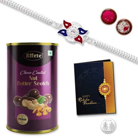 Multicolor Free Hand Drawing Silver Color Rakhi  Bracelet (K1_a30_bs)  Chocolate Butter Scotch 96gm With Silver Color Pooja Coin Roli Chawal  Greeting Card Occasion Rakhi Combo With Card And Chocolate Chocolates Gift Pack Rakhi  Ch