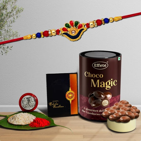 (K1_313_em) Rakhi Combo With Chocolate Magic  Rakhi For Brother With Gift  Chocolate Gift Pack Rakhi With Chocolate Gift Hemper  Fancy Rakhi For Men  Set Of 1