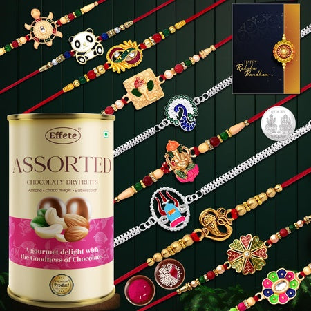 Rakhi For Brother Set Of 10 With Silver Color Pooja Coin Rakhi With Greeting Card Rakhi For Brother And Bhabhi Rakhi With Chocolate Rakhi With Gift For Brother Rakhi For Kids Rakhi Set Rakhi Combo Rakhi With Sweets (K10_mc16_cd)