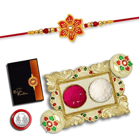 (K1_522_aa1) Rakhi Combo With Pooja Coin Gold Color Pooja Thali  Tilak Set  Greeting Card Rakhi Thali Rakhi For Brother And Bhabhi Men Fancy Rakhi Rakhi For Brother Kids Rakhi With Plate Rakhi For Brother Kids Rakhi Set Of 1