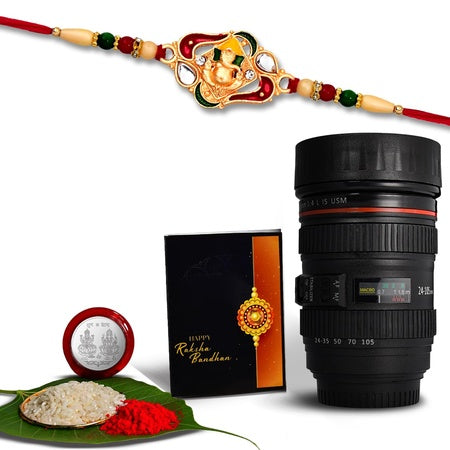 Multicolor Simple Decorated Rakhi (K1_523_m720)  Camera Lens Coffee Mug With Silver Color Pooja Coin  Greeting Card Occasion Rakhi Mug Brother Fancy Rakhi For Brother With Gift Rakhi With Mug Tea Mug Cute Mugs Men Fancy Rakhi Online Rakhi