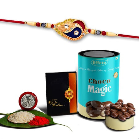 (K1_534_cd) Multicolor Bracelet Rakhi With Choco Delight Silver Color Pooja Coin Roli Chawal  Greeting Card Rakhi For Brother With Gift  Handmade Rakhi Set Of 1 Rakhi