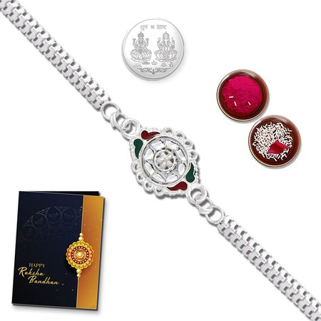 Unisex Adult Rakhi (K1_a1) Pooja Coin Tilak Set  Rakhi Card Silver Rakhi For Brother Bhaiya Bhabhi Rakhi Set Chandi Ki Rakhi Lumba Rakhi For Bhabhi Bhai Bhabhi Rakhi Set