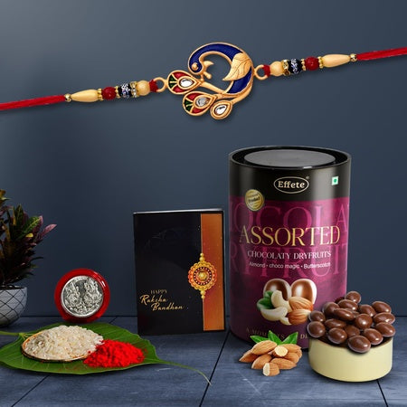 (K1_503_as) Multicolor Blue Peacock Rakhi  Bracelet With Assorted Chocolate Dry Fruits 96gm Silver Color Pooja Coin Roli Chawal  Greeting Card Rakhi For Brother With Gift  Handmade Rakhi Rakhi Combo For Brother  Stylish Rakhi For Bro