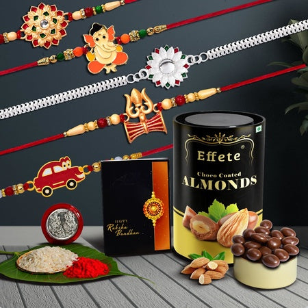 Rakhi (K5_nc69_ca)  Chocolate Almonds 96gm Rakhi For Brother With Gift Rakhi With Chocolate Rakhi Combo For Brother Set Of 5 Rakhi Chocolate