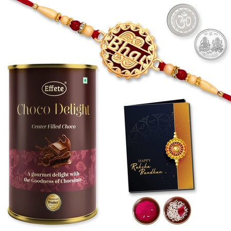 (K1_527_cd) Multicolor Bhai Coded Rakhi Combo With Chocolate Delight 96gm Silver Color Pooja Coin Roli Chawal  Greeting Card  Occasion  Rakhi For Brother With Gift  Chocolate Gift Pack Rakhi With Chocolate Gift Hemper  Bracelets For
