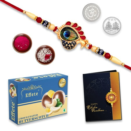 Boys Multicolor Bracelet Rakhi (K1_513_bs32)  Chocolate Butter Scotch With Silver Color Pooja Coin Roli Chawal  Greeting Card Occasionset Of 1 Rakhi