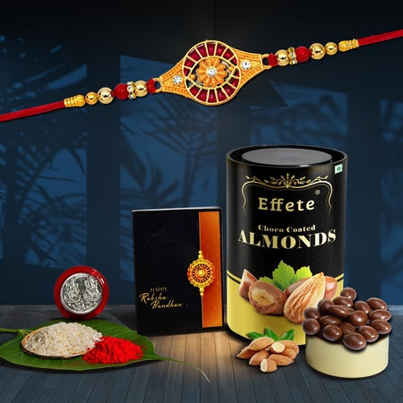 (K1_325_ca) Rakhi Combo With Chocolate Almonds 96gm Rakhi For Brother With Gift Chocolate Gift Pack Rakhi With Chocolate Gift Hemper Fancy Rakhis For Men Set Of 1 Rakhi