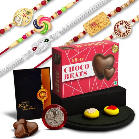 Rakhi Combo Gift For Brother With Center Filled Chocolate  Best Rakhi Collection  Rakhi Gift For Brothersister  Bracelet Rakhi  Rakhi Set Of 5 With Greeting Cardroli-chavalcoin(K5_nc14_cb32)