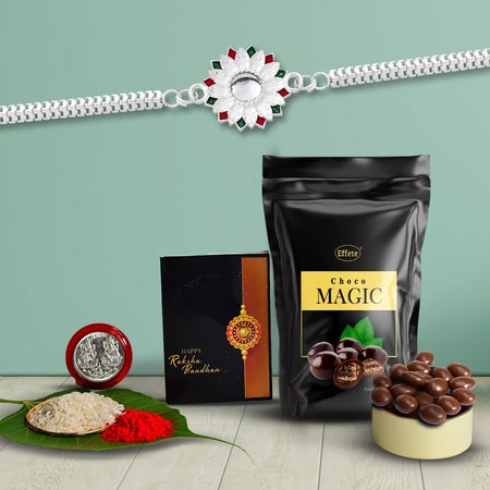 (K1_a4_sp) Multicolor Beauty Of Sunflower Silver Color Rakhi Combo With Chocolate Magic 32gm Silver Color Pooja Coin Roli Chawal  Greeting Card Occasion Rakhi For Brother With Gift Chocolate Gift Pack Rakhi With Chocolate Gift Hemper