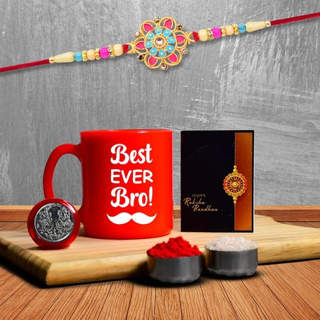 Rakhi Combo (K1_559_rtm) Plastic Unbrekable Tea  Milk  Coffee Mug (Red Best Ever Bro Mug) With Pooja Coin  Greeting Card Rakhi Set Rakhi Mug Rakhi For Brother With Mug Rakhi Mug For Brother Rakhi For Brother With Coffee Mug Rakhi With Mug
