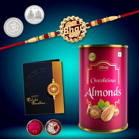 Multicolor Bhai Coded Rakhi  Bracelet (K1_527_ca)  Chocolate Almonds 96gm With Silver Color Pooja Coin Roli Chawal  Greeting Card  Occasion  Rakhi Combo With Card And Chocolate  Chocolates Gift  Rakhi  Chocolate For Brother  Rakhi