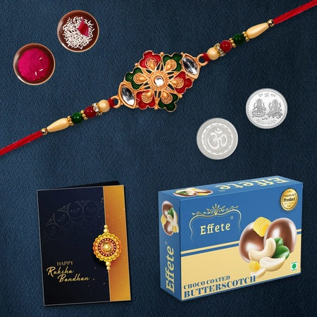 (K1_502_bs32) Multicolor Rakhi Combo With Chocolate Butter Scotch  Silver Color Pooja Coin Roli Chawal  Greeting Card Occasion Rakhi  Chocolate For Brother Bracelets For Men Stylish Rakhi With Gift Rakhi Combo Set Of 1 Rakhi Rakhi