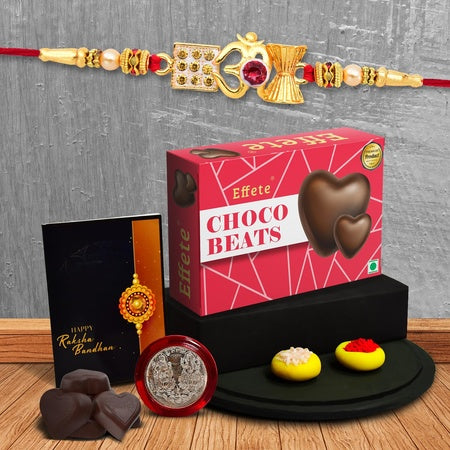 Multicolor Red Om Rakhi  Bracelet (K1_282_cb32)  Chocolate Beats 32gm With Silver Color Pooja Coin Roli Chawal  Greeting Card Occasion Rakhi  Chocolate For Brother Rakhi With Chocolate Rakhi With Gift Rakhi Combo Set Of 1 Rakhi